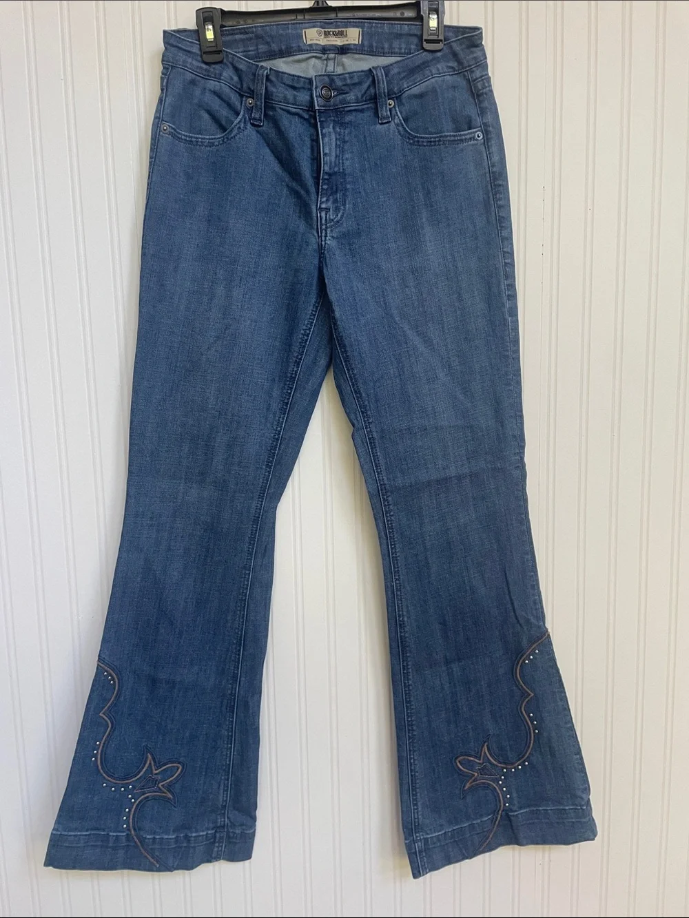 Embellished Dark Blue Bootcut Rock & Roll Denim Jeans for Women Sz 29x34